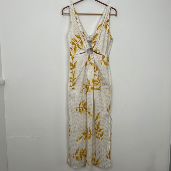 Revolve Sundress Yuma White Gold Foil Leaf Print Maxi Dress Cutout Detail Size S - Picture 2 of 10